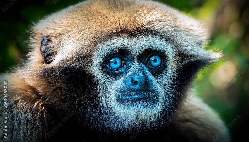 Fototapeta premium close up of gibbon eye hidden in forest shadows