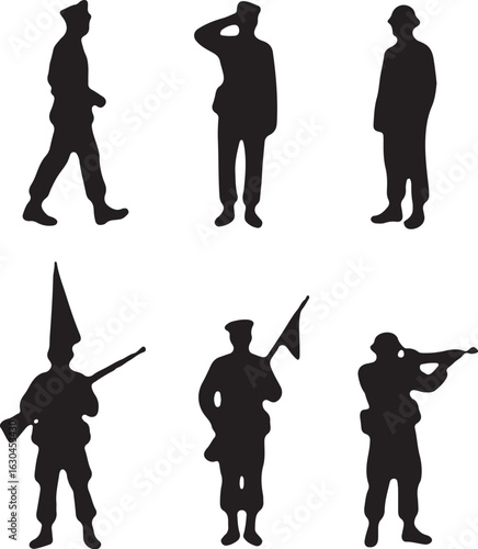 Silhouetted soldiers in various poses, symbolizing duty, honor, and service
