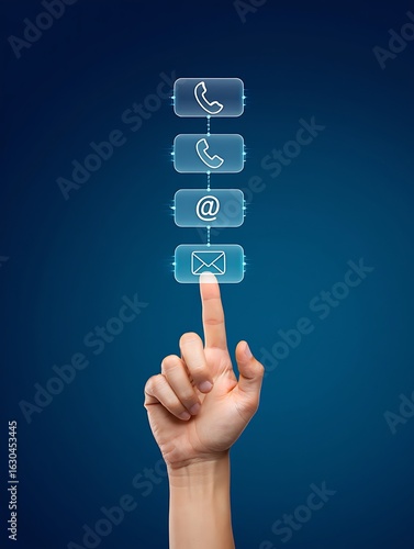 Hand touching digital contact icons for communication