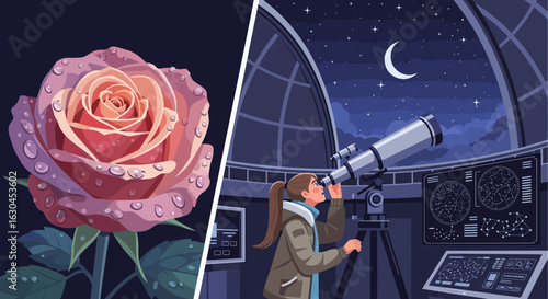 Rose with water droplets and astronomer observing night sky in observatory split