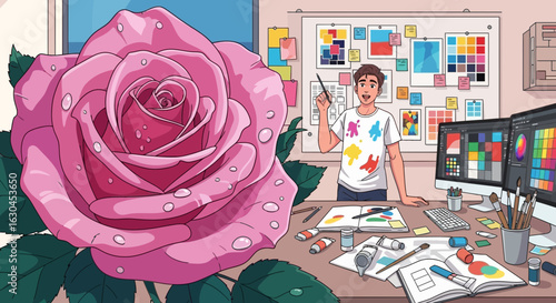 Illustration of a male artist in his studio with a large pink rose flower