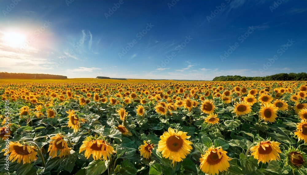 Fototapeta premium sunflowers in sunlight an endless field of vibrant sunflowers reaches towards a clear blue sky presenting the essence of summer it s a visual ode to nature s beauty
