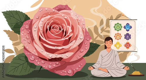 Illustration of mindful meditation with rose and chakra chart for peacefulness