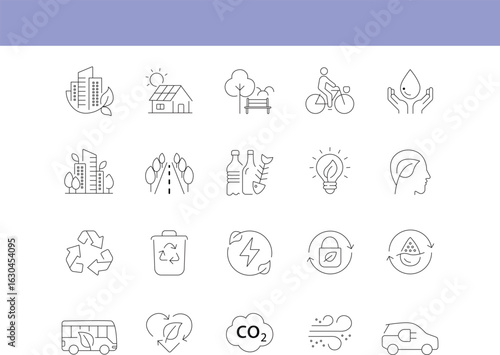 Collection of editable green city icons representing sustainable urban living and eco friendly concepts