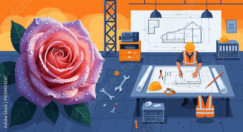 Juxtaposition of Nature and Industry: A Rose Beside Architectural Blueprints and Construction