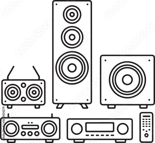 Home Sound System Outline Icons Speaker Tower, Subwoofer, Amplifier, Receiver, Remote, and Wall Speakers