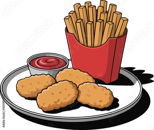 Chicken Nuggets and French Fries Illustration with Ketchup on a Transparent Background