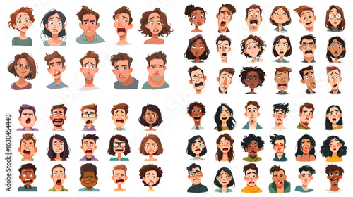 Funny and exaggerated facial expressions of cartoon characters showing various emotions like surprise, anger, joy, and fear. Great for comics, emojis, and animated content.

