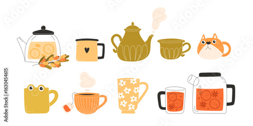 Cute Autumn Tea Set with Herbal Tea in Adorable Cups and Teapots Flat Style Cozy Seasonal Illustration for Fall Design Projects Café Decor or Warm Beverage Themed Concepts