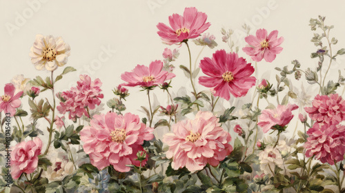 Fototapeta Naklejka Na Ścianę i Meble -  Pink garden flowers isolated on a white background. Vintage painting style illustration.
