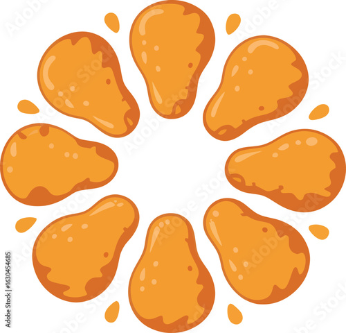 Circle of golden fried chicken nuggets with splashes of sauce