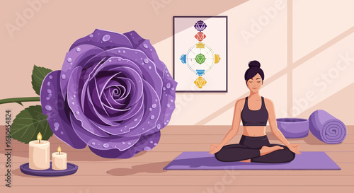 A calming yoga scene with a meditating woman purple rose and serene ambiance