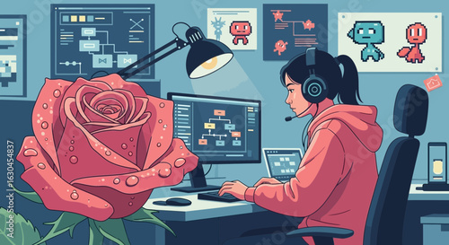 A digital artist works on a video game creation with a large rose nearby