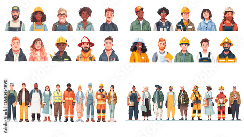 Vector illustration of professionals from various occupations including healthcare, construction, firefighting, and public service. Ideal for education, posters, and infographics.

