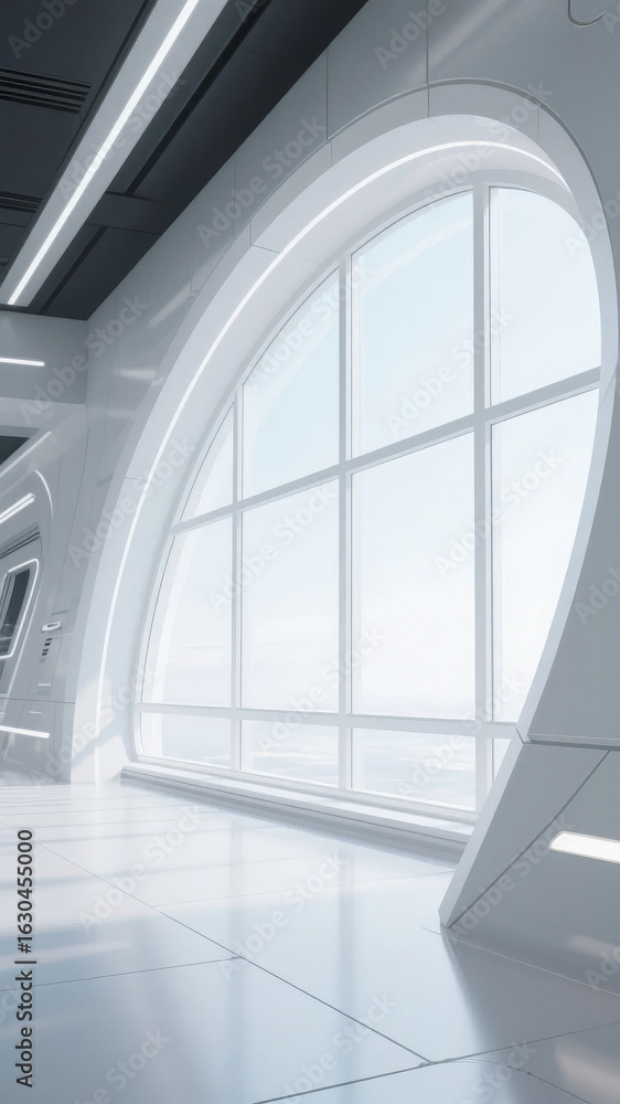 Obraz premium Modern Interior with Large Arched Window and Sleek Design