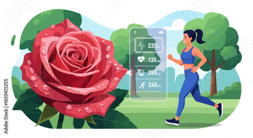Illustration of woman jogging in park with rose and mobile fitness application