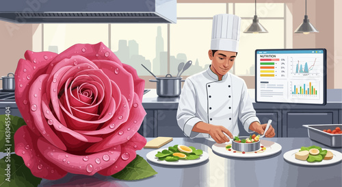 Chef preparing a healthy meal with nutrition data analysis and a beautiful rose