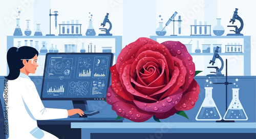 Scientist analyzing rose genetic data in laboratory environment with modern equipment