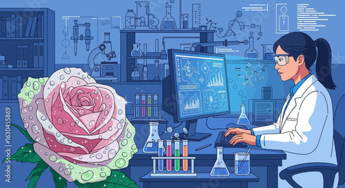 Illustration depicting scientific research on rose petals and the potential benefits