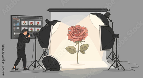 Illustration of a photographer capturing a rose flower in a studio setup with professional
