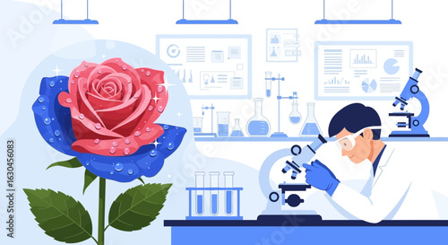 Scientist analyzing a unique rose, concept of genetic modification and lab research, flower