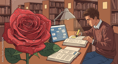 Romantic scholar immersed in study amidst books and blooms in library setting