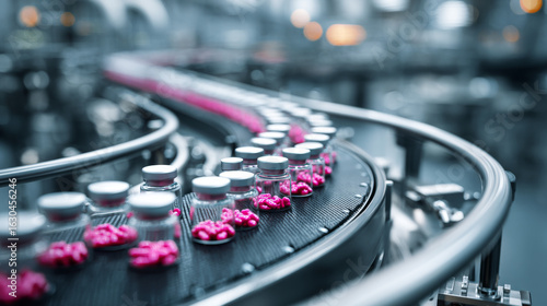 Drug manufacturing process.  Conveyor with medical ampoules line at a modern pharmaceutical plant. Pharmacology production, medicine industry from laboratory 2 factory, pharmacy. Healthcare, pharma 3D