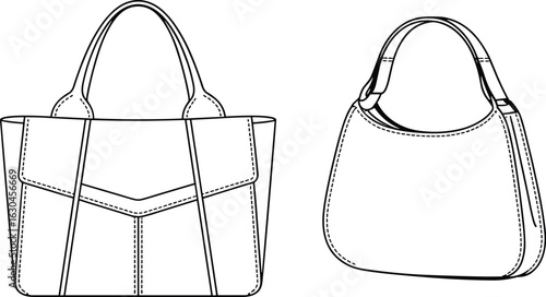 CAD drawing flat vector illustration of stylish handbags, fashion accessories, tote bag, shoulder bag, technical design blueprint, sewing pattern