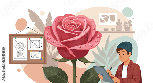 Illustrative artwork featuring a rose creation process by a designer in his studio