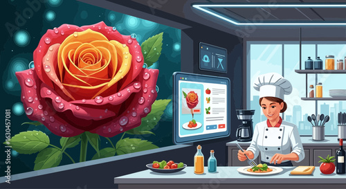 Chef preparing floral-themed cuisine, inspired by rose in modern kitchen setting