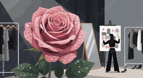 Fashion designer in studio creating mood board with rose in foreground design