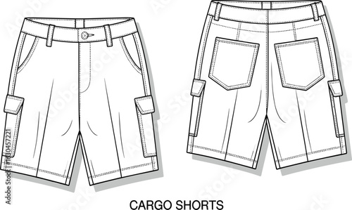 Cad drawing flat vector illustration, cargo shorts technical sketch, fashion apparel design template, outdoor wear, practical pockets, stylish summer clothing