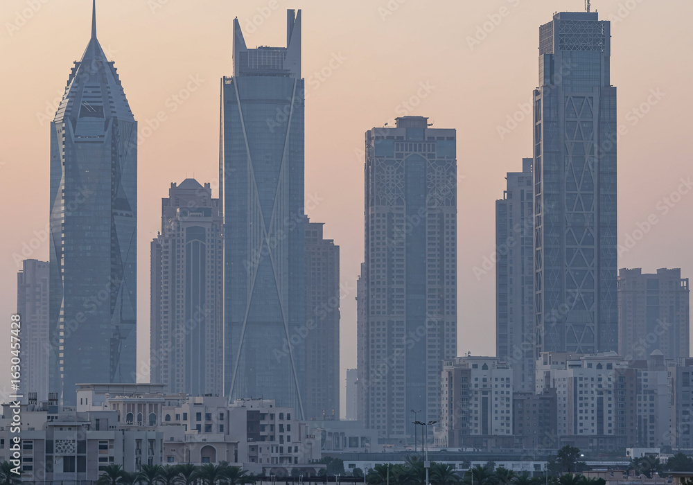 Fototapeta premium Dubai Cityscape Modern Skyscrapers Urban Landscape Architectural Beauty Hazy Sky