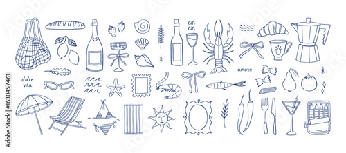 Set of Dolce Vita drawings. Italian Summer voyage vector illustration in doodle style. La Dolce Vita elements. Champagne, wine, coffee pot, bikini, sun, lobster, sardines, lemons, food