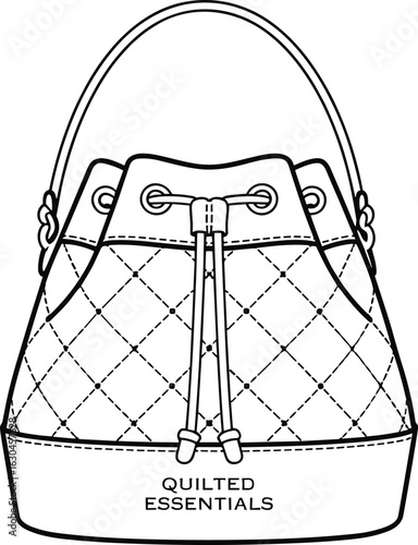 Cad drawing flat vector illustration, stylish quilted bucket bag sketch, fashionable drawstring purse design, elegant tote accessory, trendy fashion element