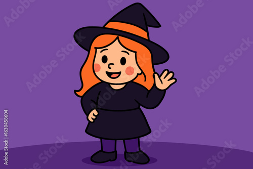 Halloween character illustration of a smiling girl dressed in a witch costume