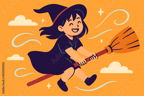 Adorable cartoon girl celebrates Halloween festival wearing a witch costume for cosplay, cute kid plays trick or treat in an illustration