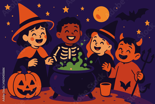 Kids dressed in Halloween outfits are standing in a graveyard scene