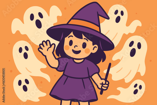 Vector illustration of a girl dressed in a purple witch costume, wearing striped ings, accompanied by two white ghosts