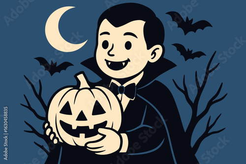 A happy youngster costumed as a vampire, grasping a carved pumpkin in celebration of Halloween