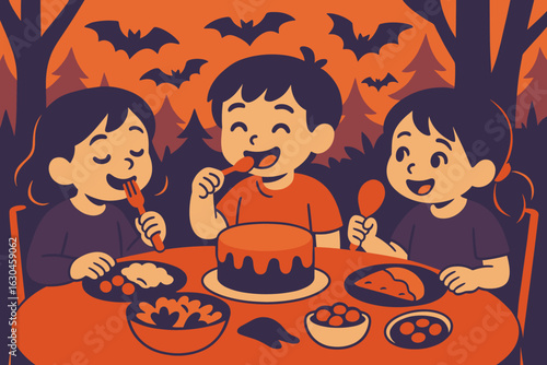 A spooky forest setting features a Halloween party with children dressed in costumes, surrounded by pumpkins, bats, and a cake
