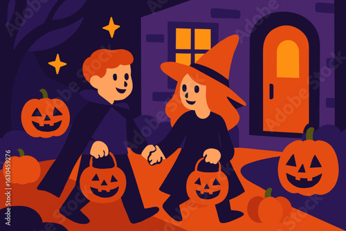 Four Halloween scenes show a haunted house, graveyard, and kids trick-or-treating at nighttime