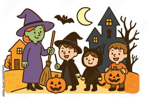 Cute cartoon vector illustration of kids in Halloween costumes trick-or-treating with pumpkins