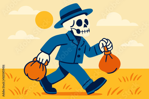 A spooky skeleton is walking from house to house for trick or treat while carrying a pumpkin bucket filled with candy during autumn season festivities