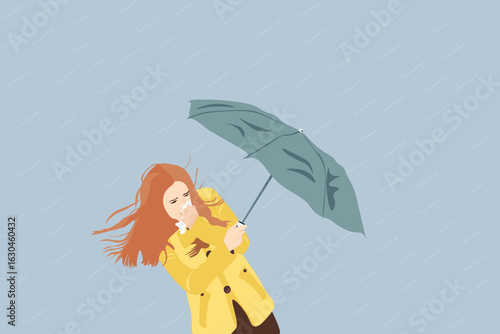 Scared girl with umbrella in rain fighting and wind. Raining Weather. Having problems in windy.