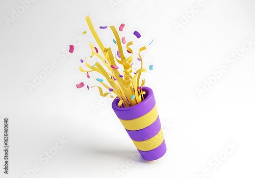 Purple and yellow party popper exploding with yellow streamers and colorful confetti