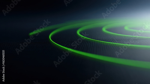 Green radar waves glow on dark background showing weather detection with smooth circular lines creating futuristic and dynamic atmosphere