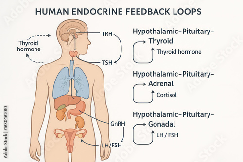 Human Endocrine Feedback Loops Illustration: Thyroid, Adrenal, Gonadal Axis Illustration