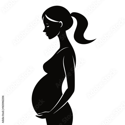Elegant Black Silhouette of Pregnant Woman:  Profile View, Expectant Motherhood, Peaceful Mood.