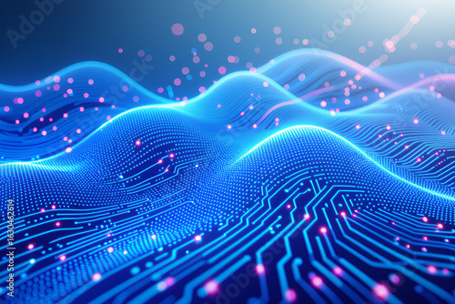 Abstract blue glowing digital landscape with illuminated circuit board patterns and floating particles